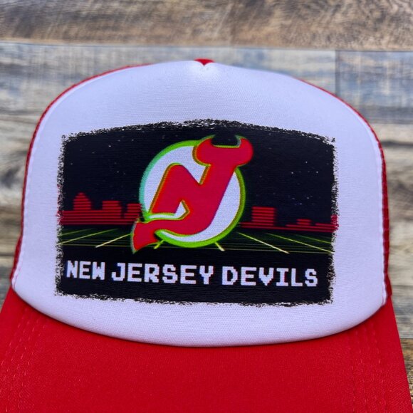 NJ Devils Mens Trucker Hat Red Snapback 80s Logo Hockey Retro Baseball Cap - Picture 3 of 7